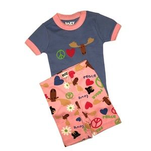 Lazy One Kids Pajama Peace Love Moose Print 2 Piece Tee & Short Set Size 2T